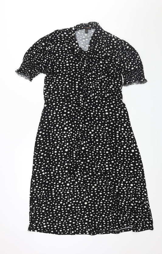 QED London Womens Black Geometric Polyester Shift Size M Round Neck Pullover - Tie Detail Spotted