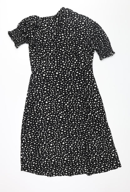 QED London Womens Black Geometric Polyester Shift Size M Round Neck Pullover - Tie Detail Spotted