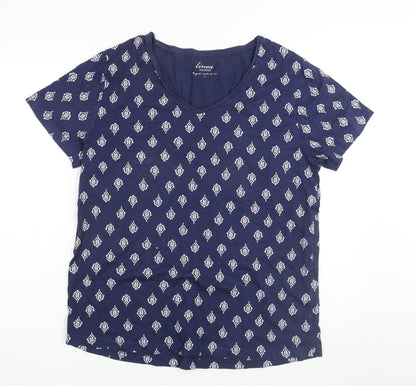 Linea Womens Blue Geometric Cotton Basic T-Shirt Size L V-Neck