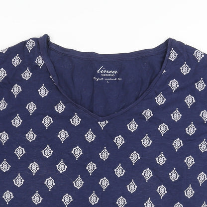 Linea Womens Blue Geometric Cotton Basic T-Shirt Size L V-Neck