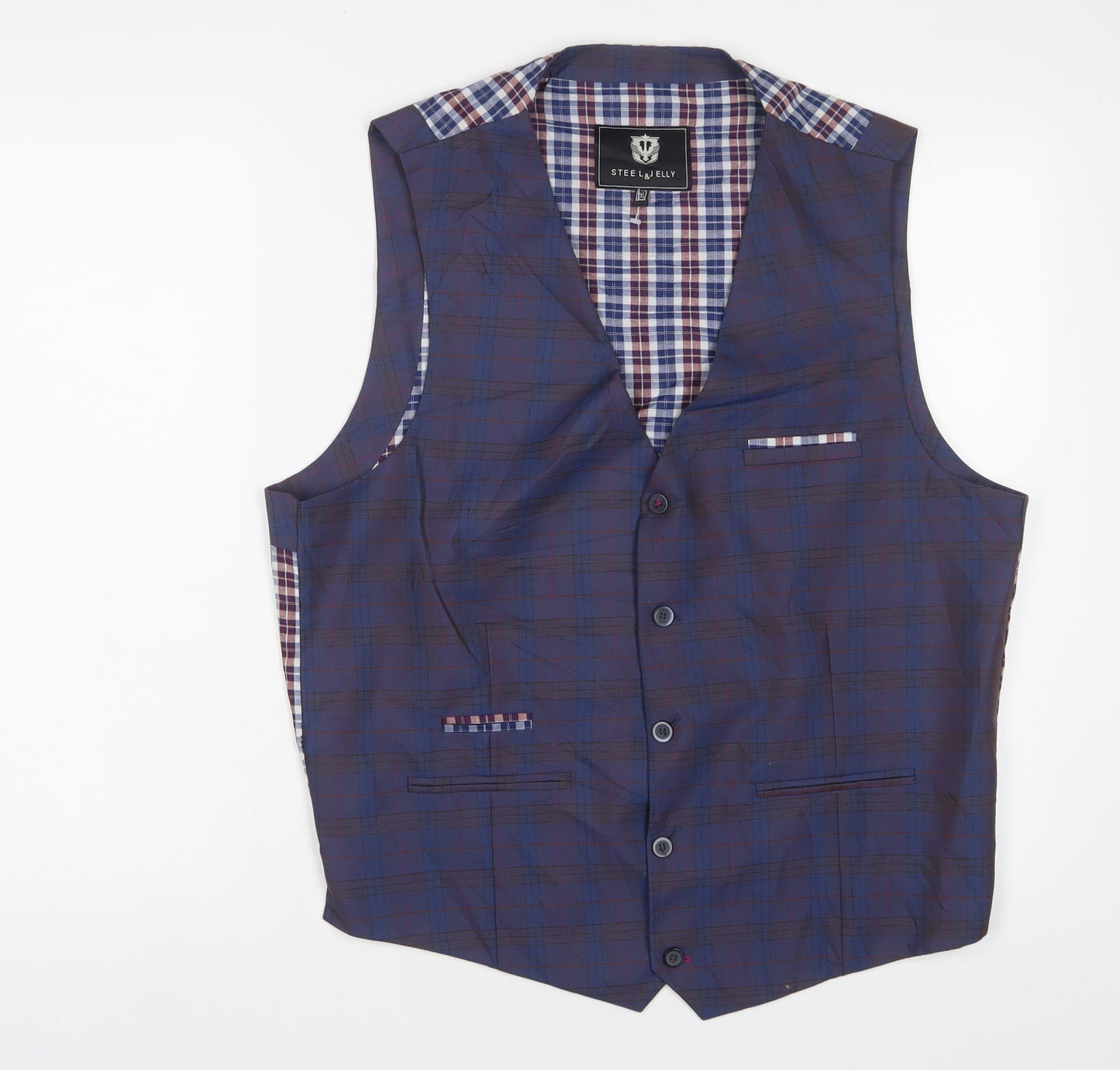 Steal & Jelly Mens Blue Plaid Polyester Jacket Suit Waistcoat Size 2XL Regular