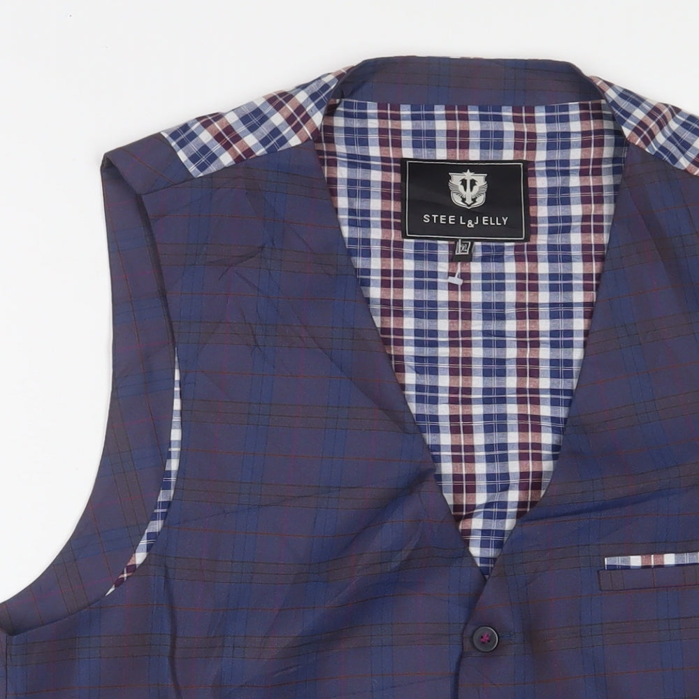 Steal & Jelly Mens Blue Plaid Polyester Jacket Suit Waistcoat Size 2XL Regular
