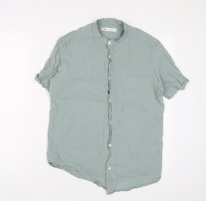 Zara Mens Green Cotton Button-Up Size S Crew Neck Button