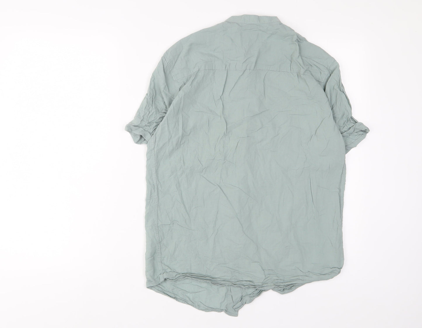 Zara Mens Green Cotton Button-Up Size S Crew Neck Button