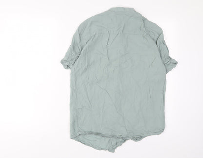 Zara Mens Green Cotton Button-Up Size S Crew Neck Button