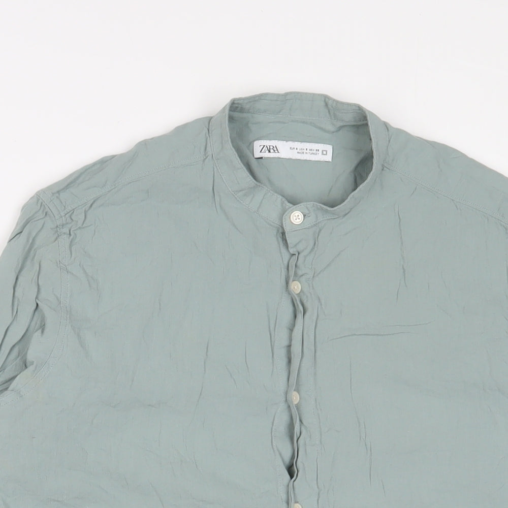 Zara Mens Green Cotton Button-Up Size S Crew Neck Button