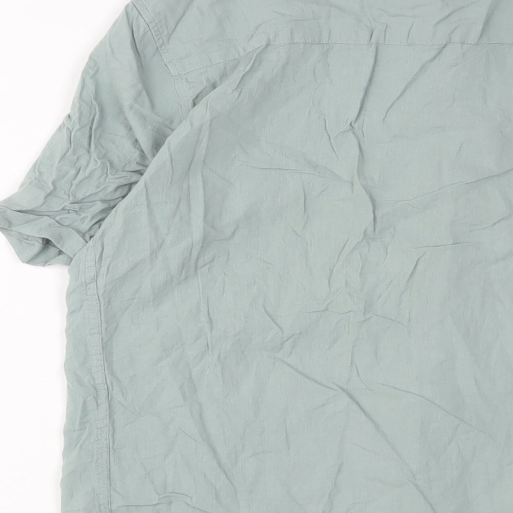 Zara Mens Green Cotton Button-Up Size S Crew Neck Button