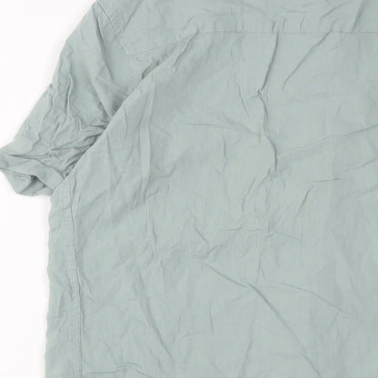 Zara Mens Green Cotton Button-Up Size S Crew Neck Button