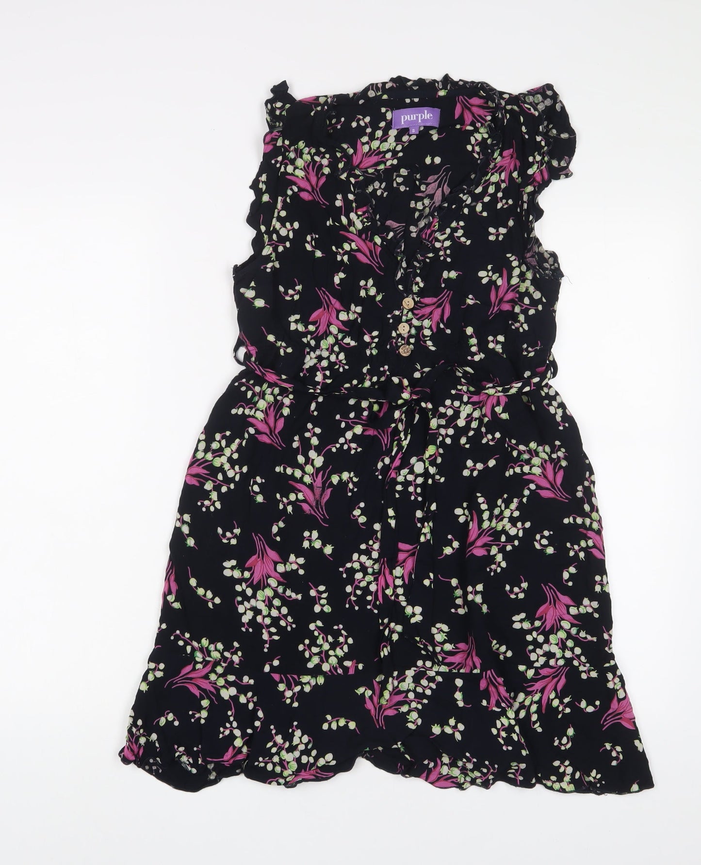 Purple Womens Multicoloured Floral Viscose A-Line Size S V-Neck Button - Frill, Belted
