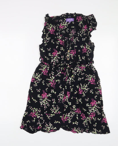 Purple Womens Multicoloured Floral Viscose A-Line Size S V-Neck Button - Frill, Belted