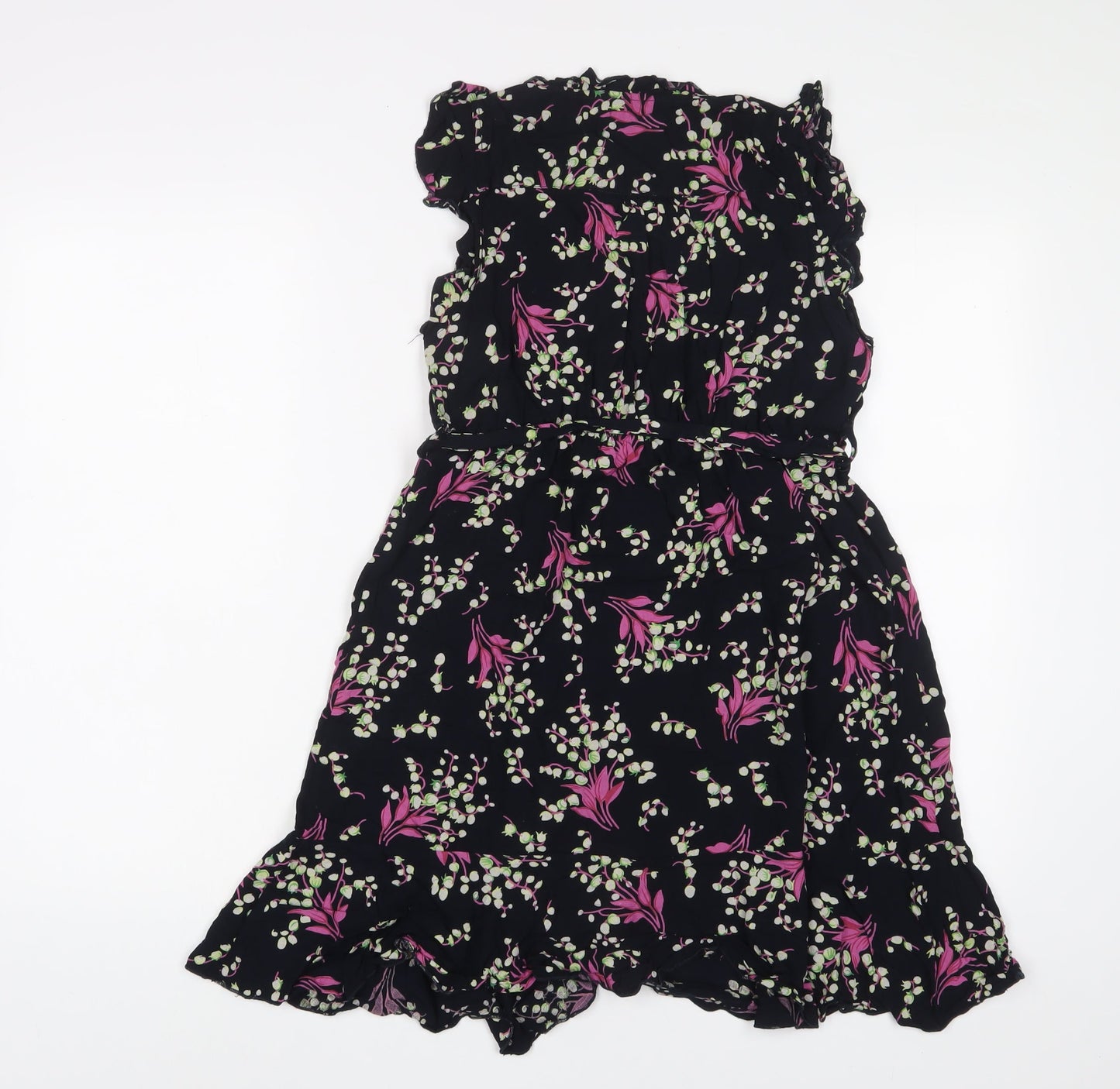 Purple Womens Multicoloured Floral Viscose A-Line Size S V-Neck Button - Frill, Belted
