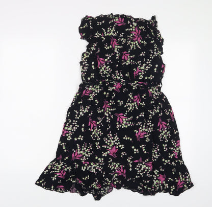 Purple Womens Multicoloured Floral Viscose A-Line Size S V-Neck Button - Frill, Belted
