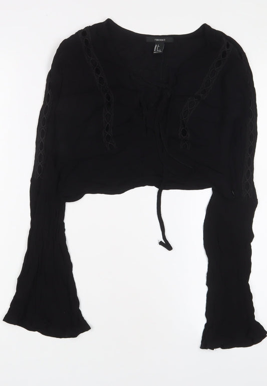 FOREVER 21 Womens Black Viscose Cropped Blouse Size S V-Neck - Embroidered