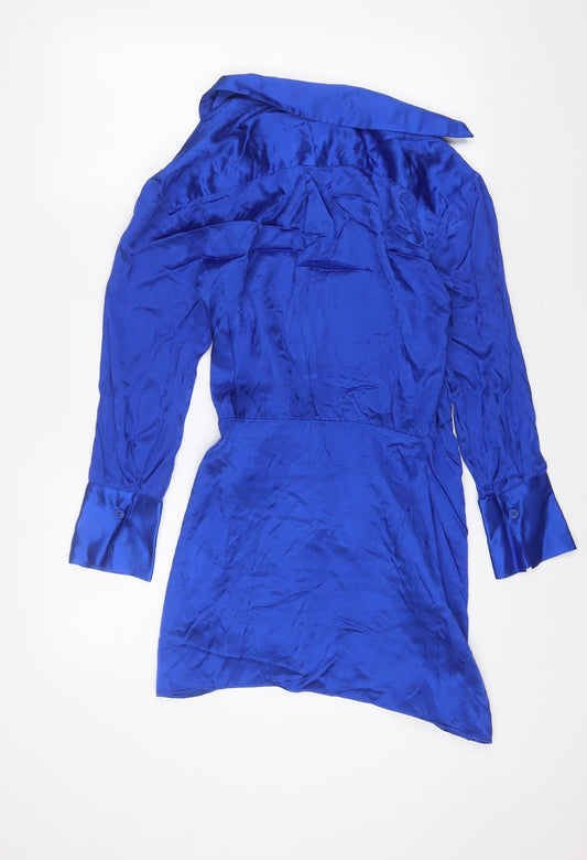 Zara Womens Blue Viscose Wrap Dress Size 12 V-Neck Tie - Belted