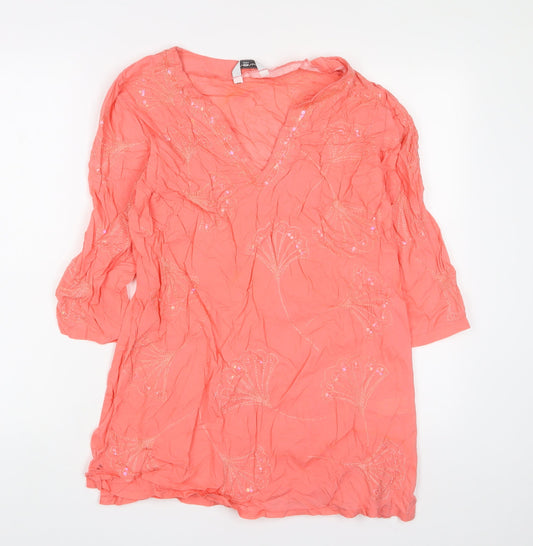 New Look Womens Pink Cotton A-Line Size 12 V-Neck Pullover - Embroidered, Sequins