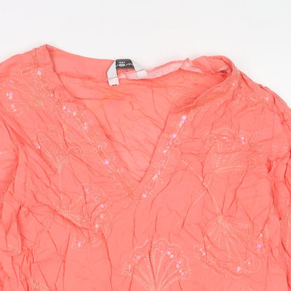 New Look Womens Pink Cotton A-Line Size 12 V-Neck Pullover - Embroidered, Sequins