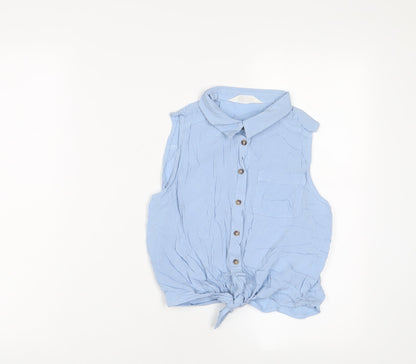 H&M Girls Blue Viscose Basic Button-Up Size 13-14 Years Collared Button