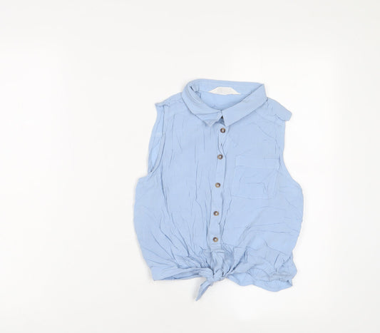 H&M Girls Blue Viscose Basic Button-Up Size 13-14 Years Collared Button