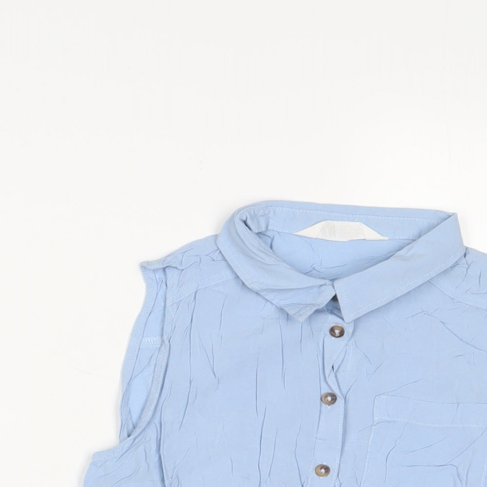 H&M Girls Blue Viscose Basic Button-Up Size 13-14 Years Collared Button