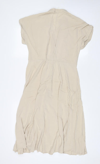 H&M Womens Beige Viscose A-Line Size S V-Neck Button