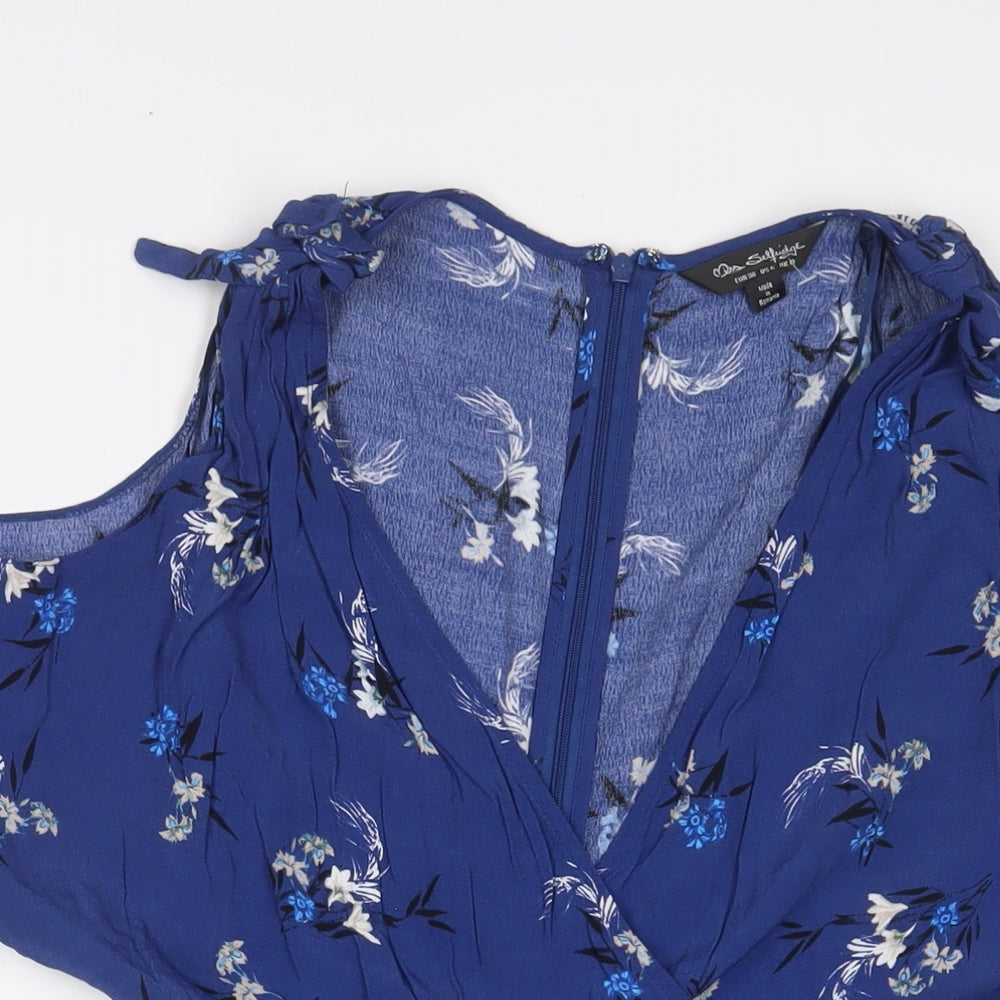 Miss Selfridge Womens Blue Flecked Viscose Playsuit One-Piece Size 10 Zip - Cold Shoudlers