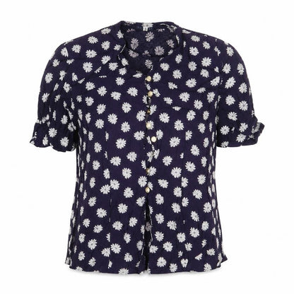 Encadee Womens Blue Floral Viscose Basic Button-Up Size 10 V-Neck