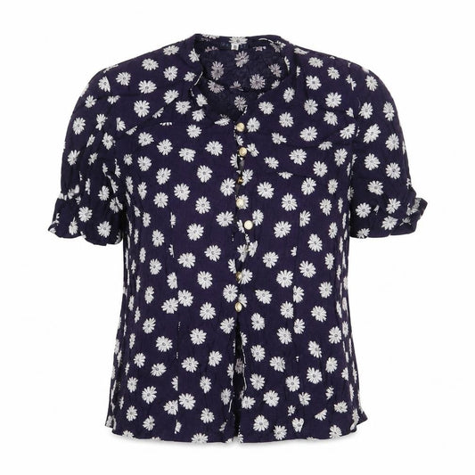 Encadee Womens Blue Floral Viscose Basic Button-Up Size 10 V-Neck