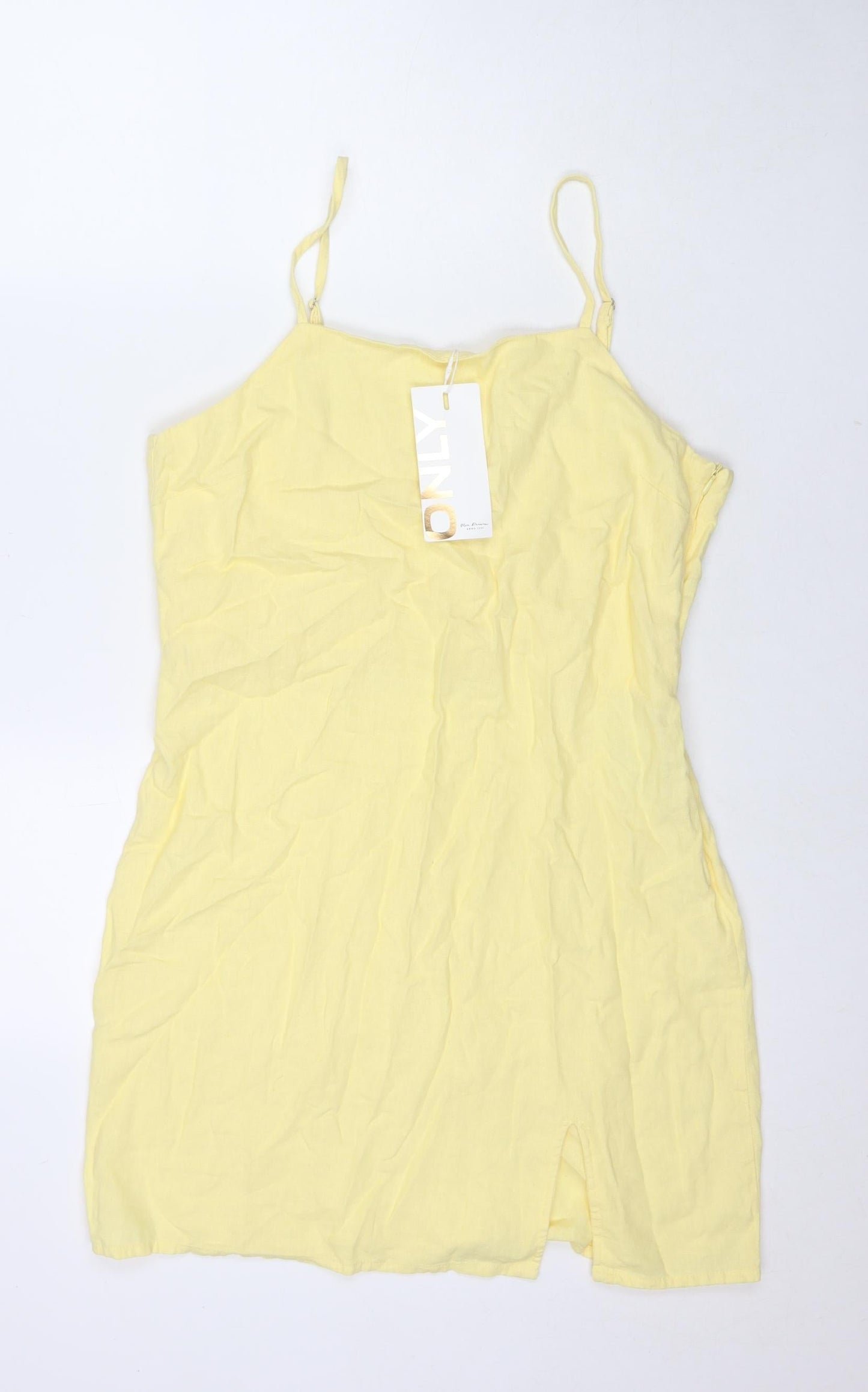 Only Womens Yellow Linen Mini Size L Square Neck Zip