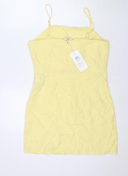 Only Womens Yellow Linen Mini Size L Square Neck Zip