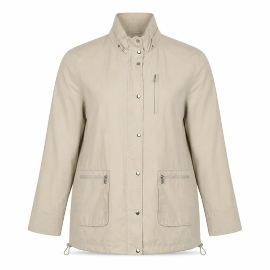 Front view of NuAge women’s beige parka jacket, size UK 18, zip
