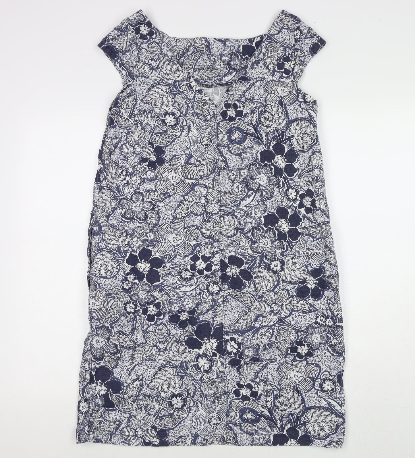 NEXT Womens Blue Floral Linen A-Line Size 10 Round Neck Pullover