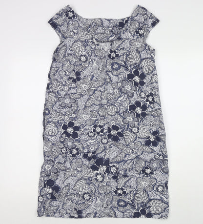 NEXT Womens Blue Floral Linen A-Line Size 10 Round Neck Pullover