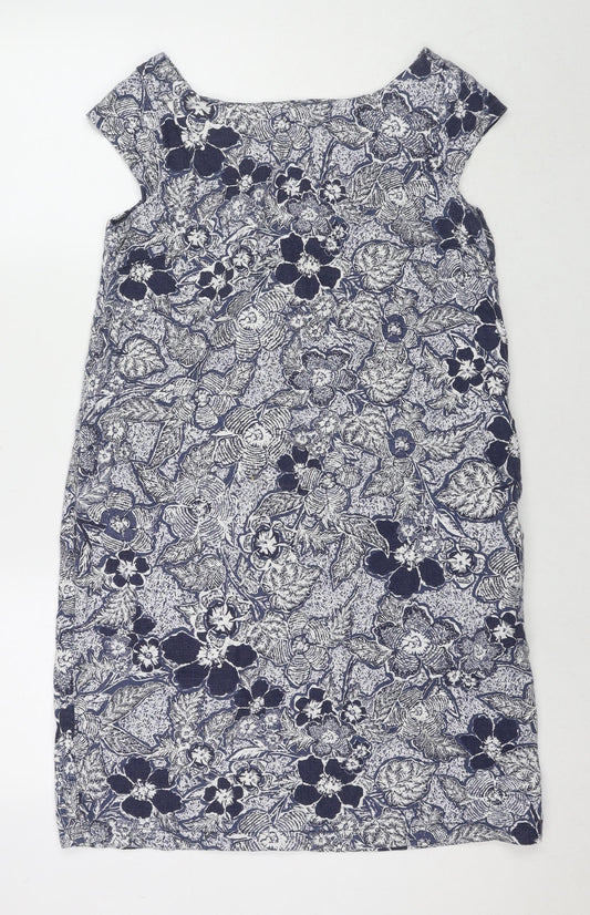 NEXT Womens Blue Floral Linen A-Line Size 10 Round Neck Pullover
