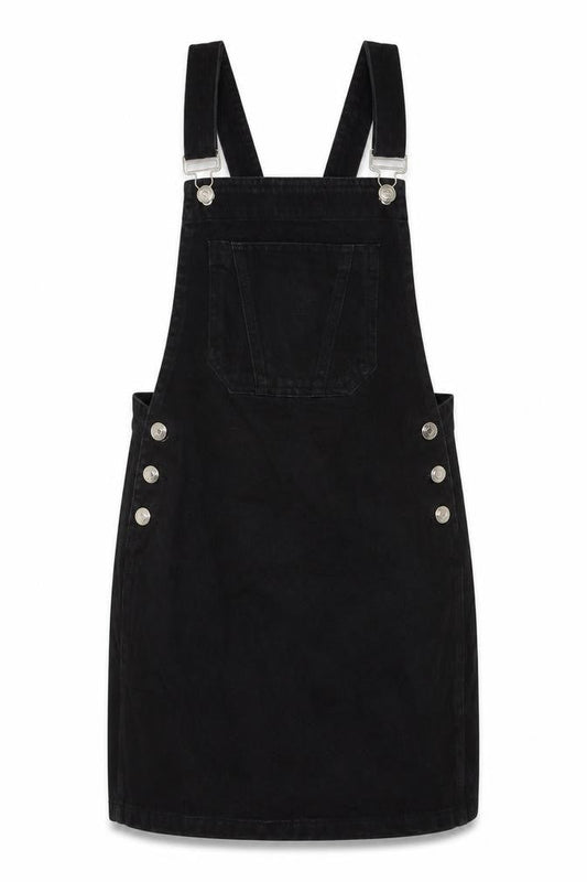 Front view of Papaya women’s black cotton pinafore/dungaree dress, size UK 8, square neck button