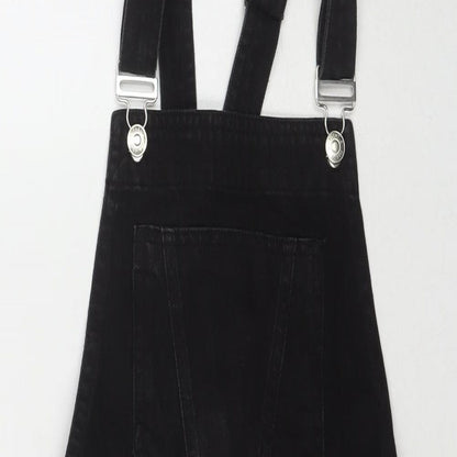 Papaya Womens Black Cotton Pinafore/Dungaree Dress Size 8 Square Neck Button