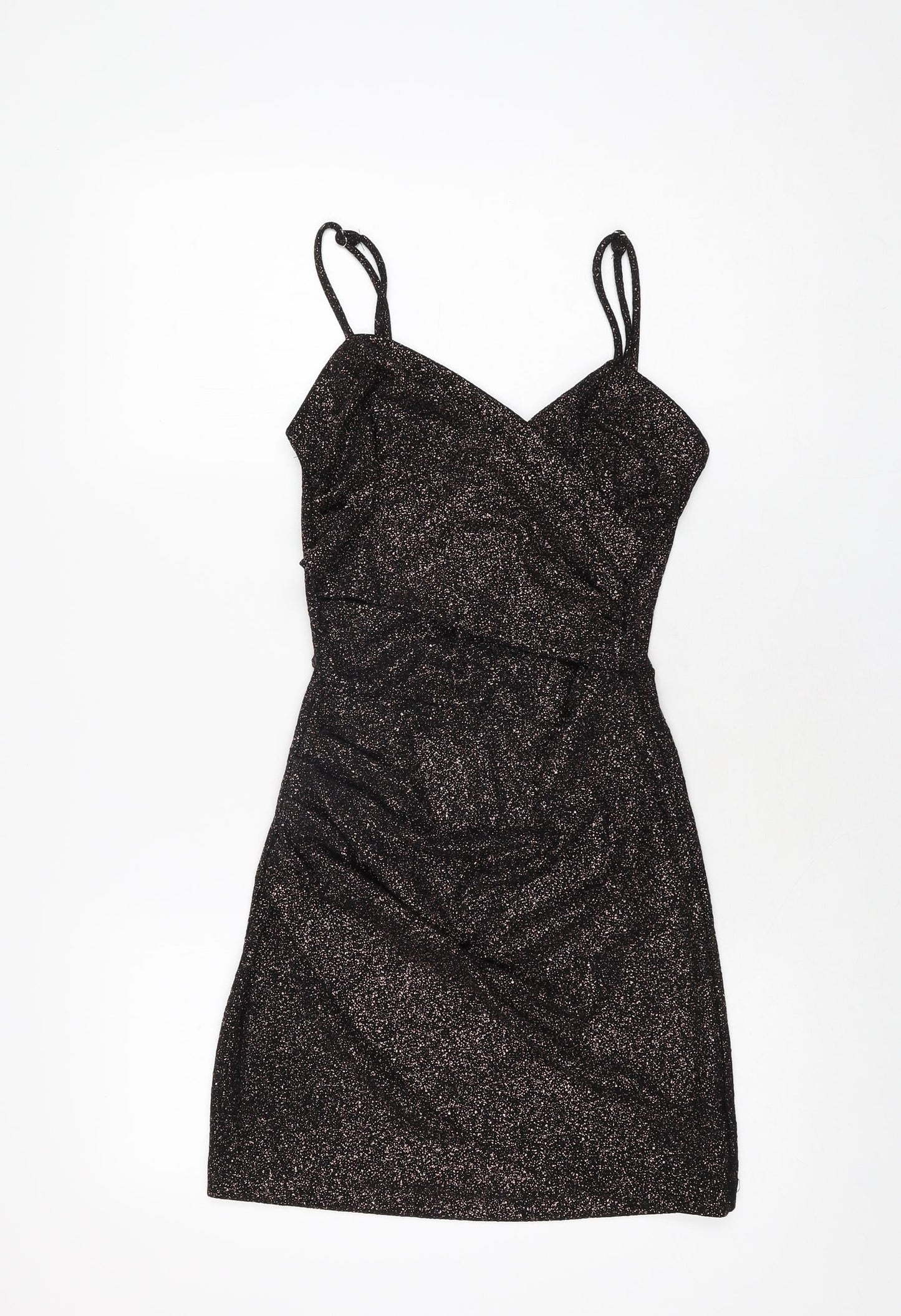 Amy & Clo in Vogue Womens Black Geometric Polyester Bodycon Size S V-Neck Pullover