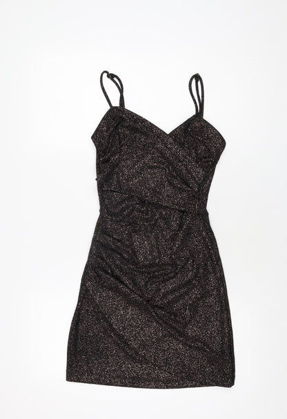 Amy & Clo in Vogue Womens Black Geometric Polyester Bodycon Size S V-Neck Pullover