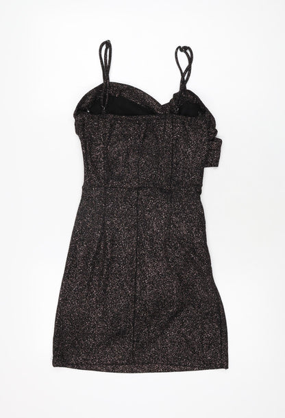 Amy & Clo in Vogue Womens Black Geometric Polyester Bodycon Size S V-Neck Pullover