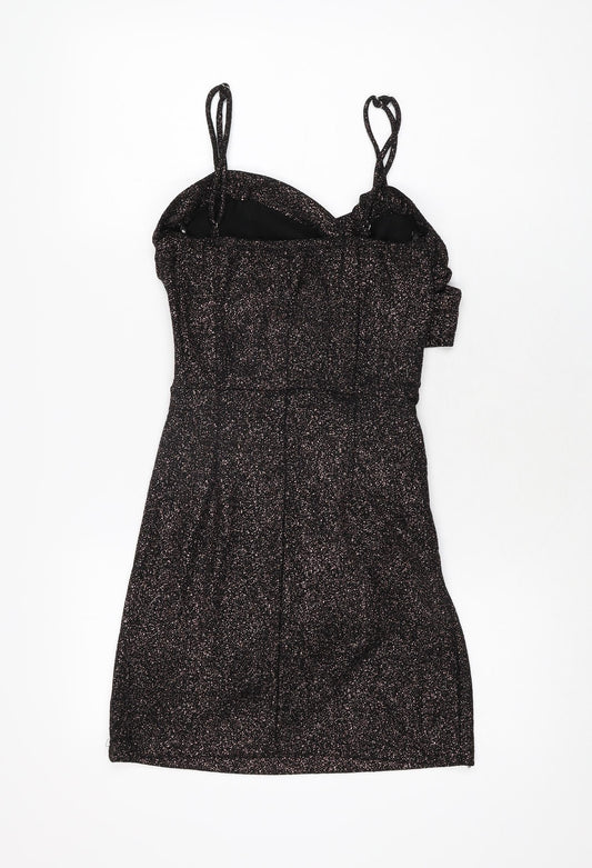 Amy & Clo in Vogue Womens Black Geometric Polyester Bodycon Size S V-Neck Pullover