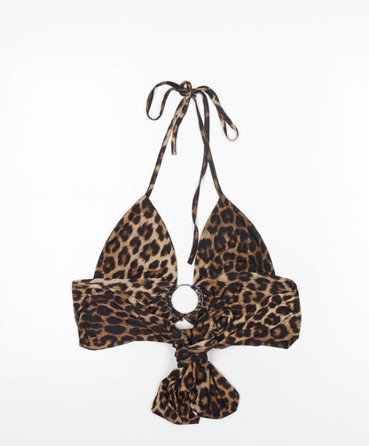PRETTYLITTLETHING Womens Brown Animal Print Polyester Cropped T-Shirt Size 12 Halter - Leopard Print