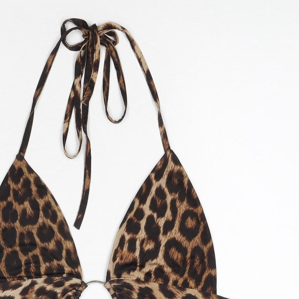 PRETTYLITTLETHING Womens Brown Animal Print Polyester Cropped T-Shirt Size 12 Halter - Leopard Print