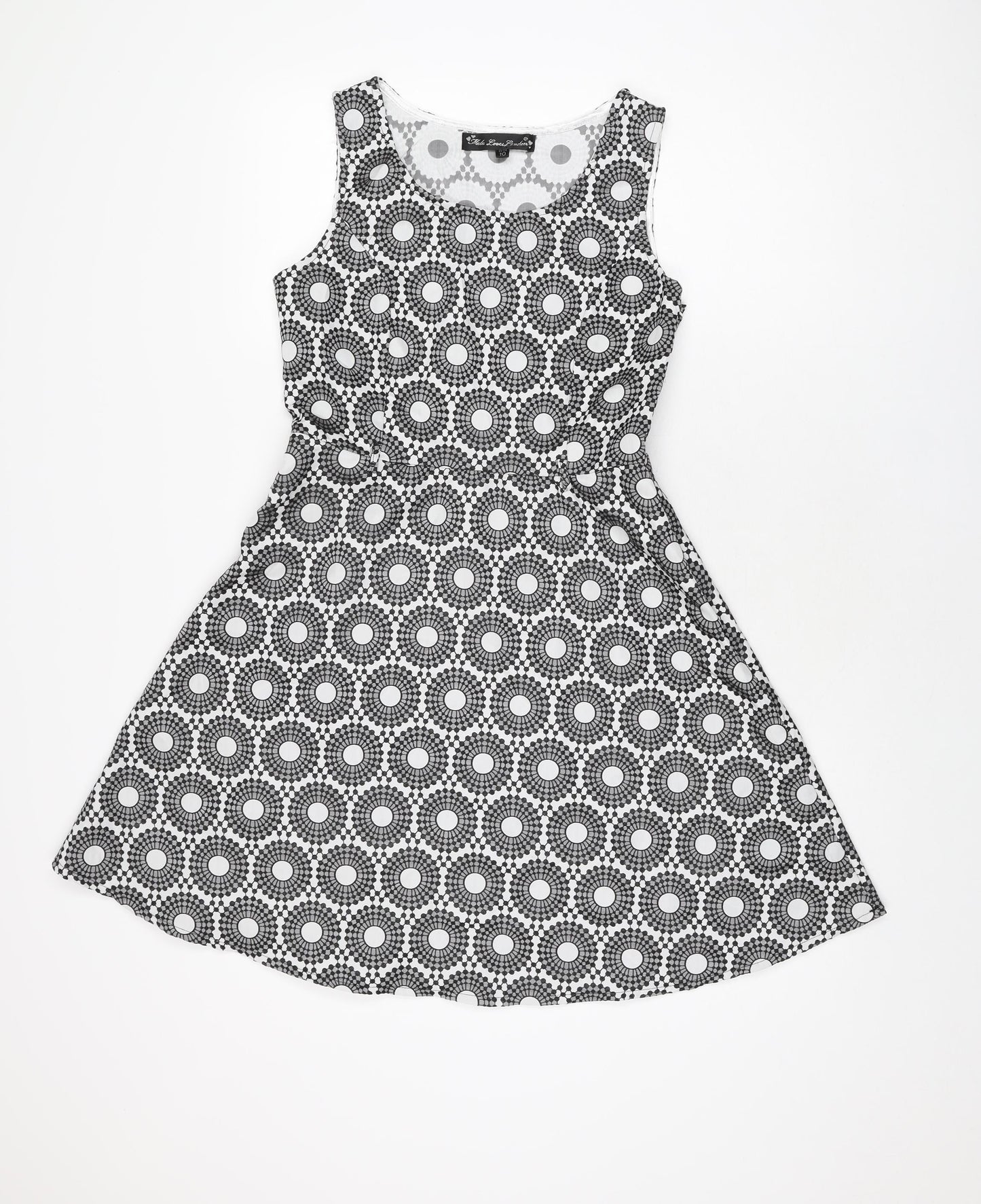 Mela Loves London Womens White Geometric Polyester Skater Dress Size 10 Round Neck Zip