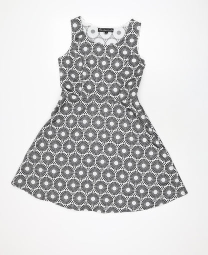 Mela Loves London Womens White Geometric Polyester Skater Dress Size 10 Round Neck Zip
