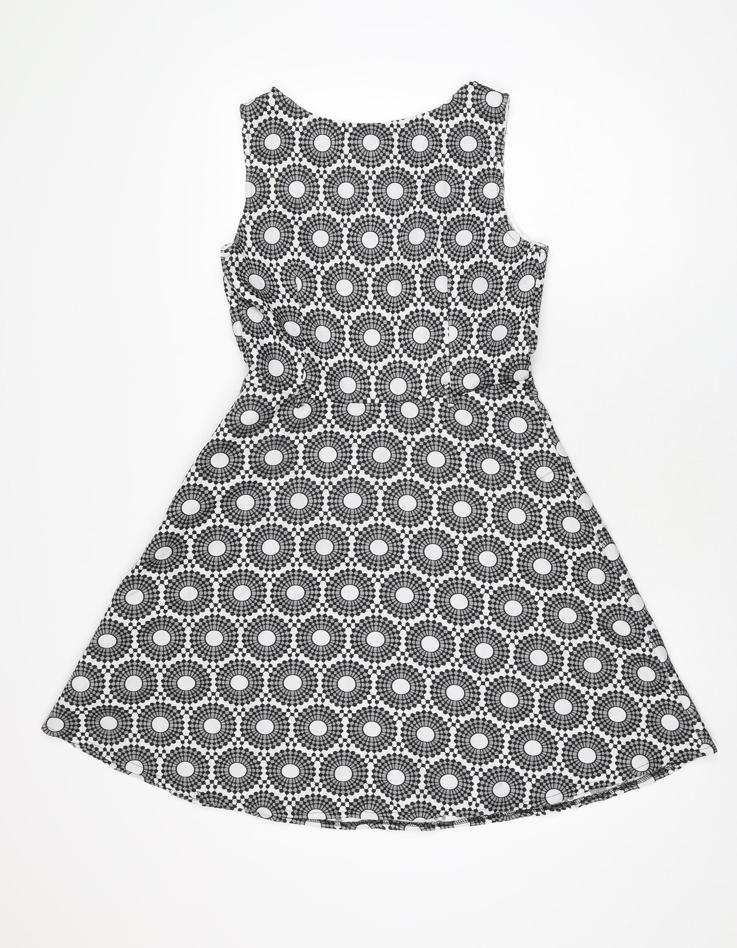 Mela Loves London Womens White Geometric Polyester Skater Dress Size 10 Round Neck Zip