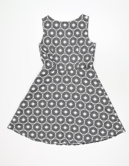 Mela Loves London Womens White Geometric Polyester Skater Dress Size 10 Round Neck Zip