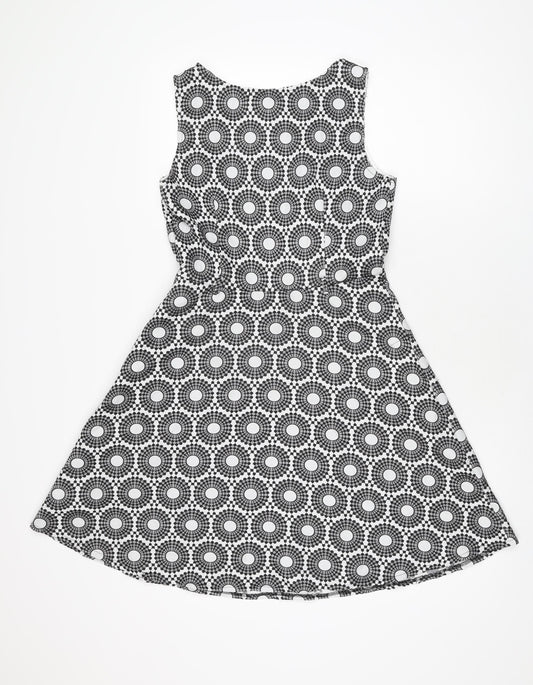 Mela Loves London Womens White Geometric Polyester Skater Dress Size 10 Round Neck Zip