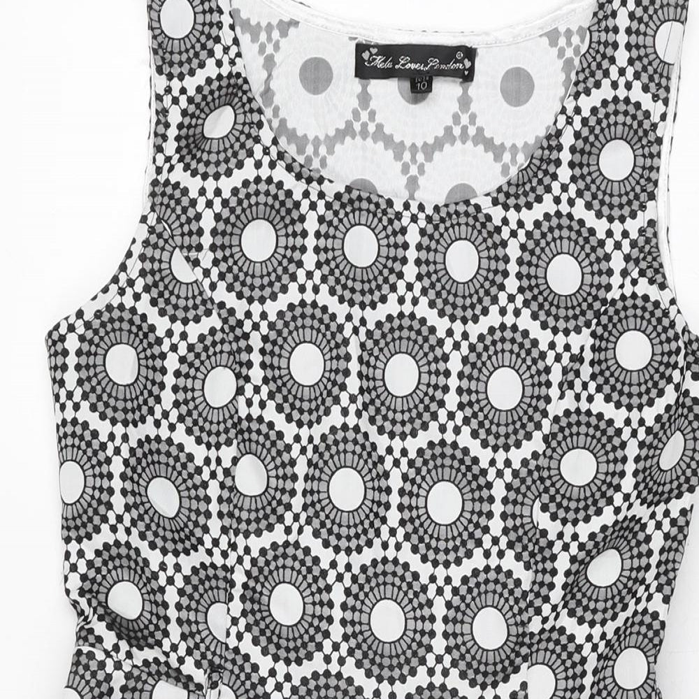 Mela Loves London Womens White Geometric Polyester Skater Dress Size 10 Round Neck Zip