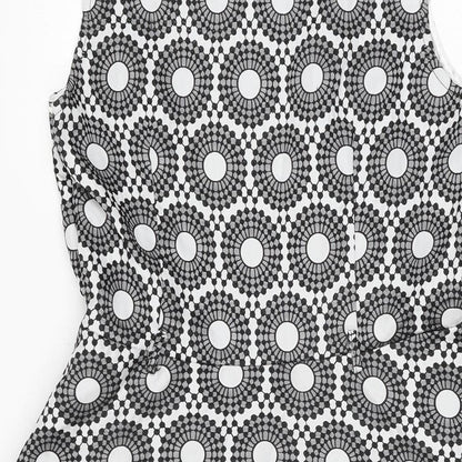 Mela Loves London Womens White Geometric Polyester Skater Dress Size 10 Round Neck Zip