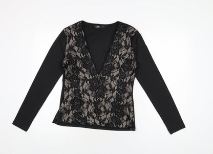 CBR Womens Black Floral Cotton Basic T-Shirt Size S V-Neck