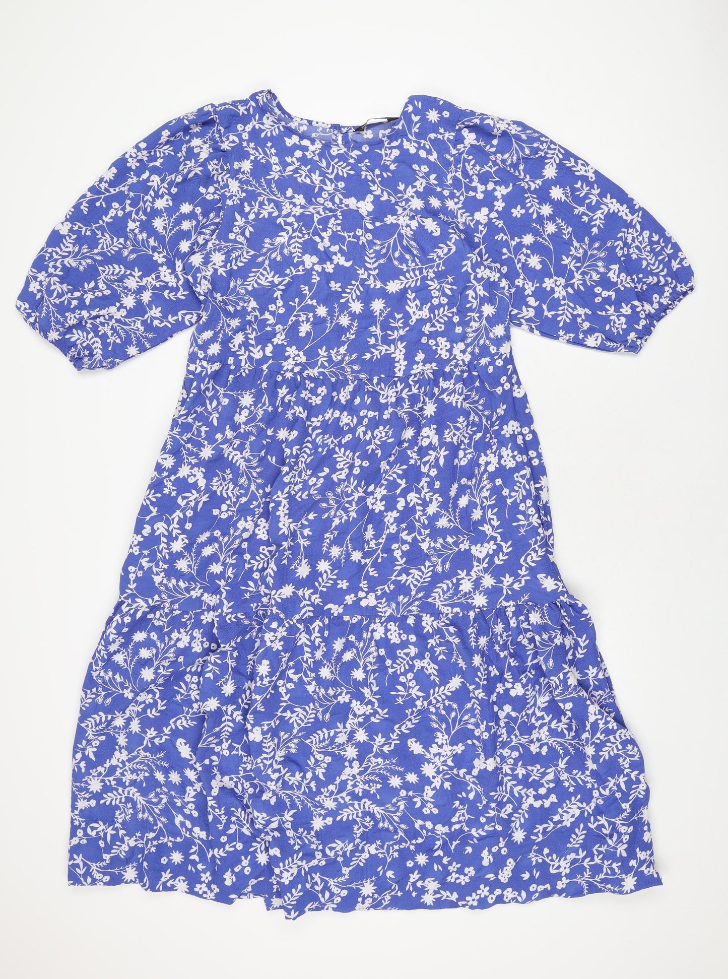 Marks and Spencer Womens Blue Floral Polyester A-Line Size 10 Round Neck Button